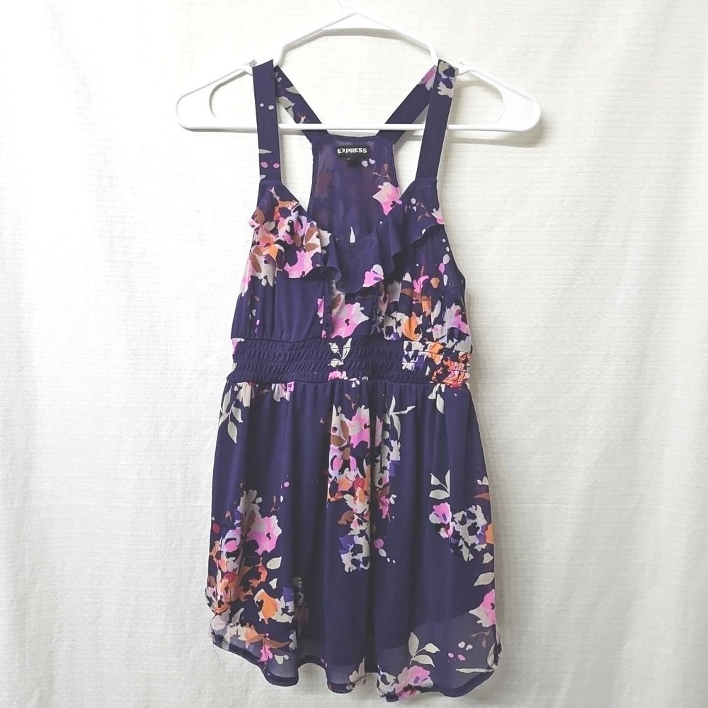 Womens EXPRESS Sz Small Purple Floral Babydoll Tank Top Sheer Ruffle Whimsigoth